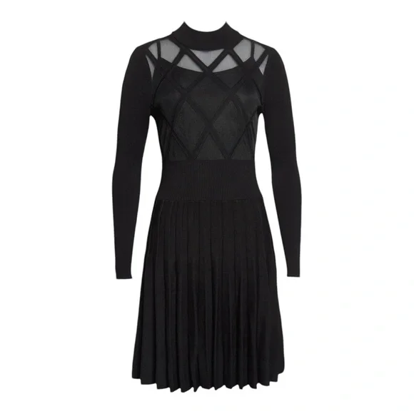 Ted Baker Women Black Sheer Argyle Skater Dress Long Sleeve Size 16-18